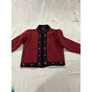 Icelandic Design Red Black Wool Full Zip Cardigan Sweater Greek Key Floral Small